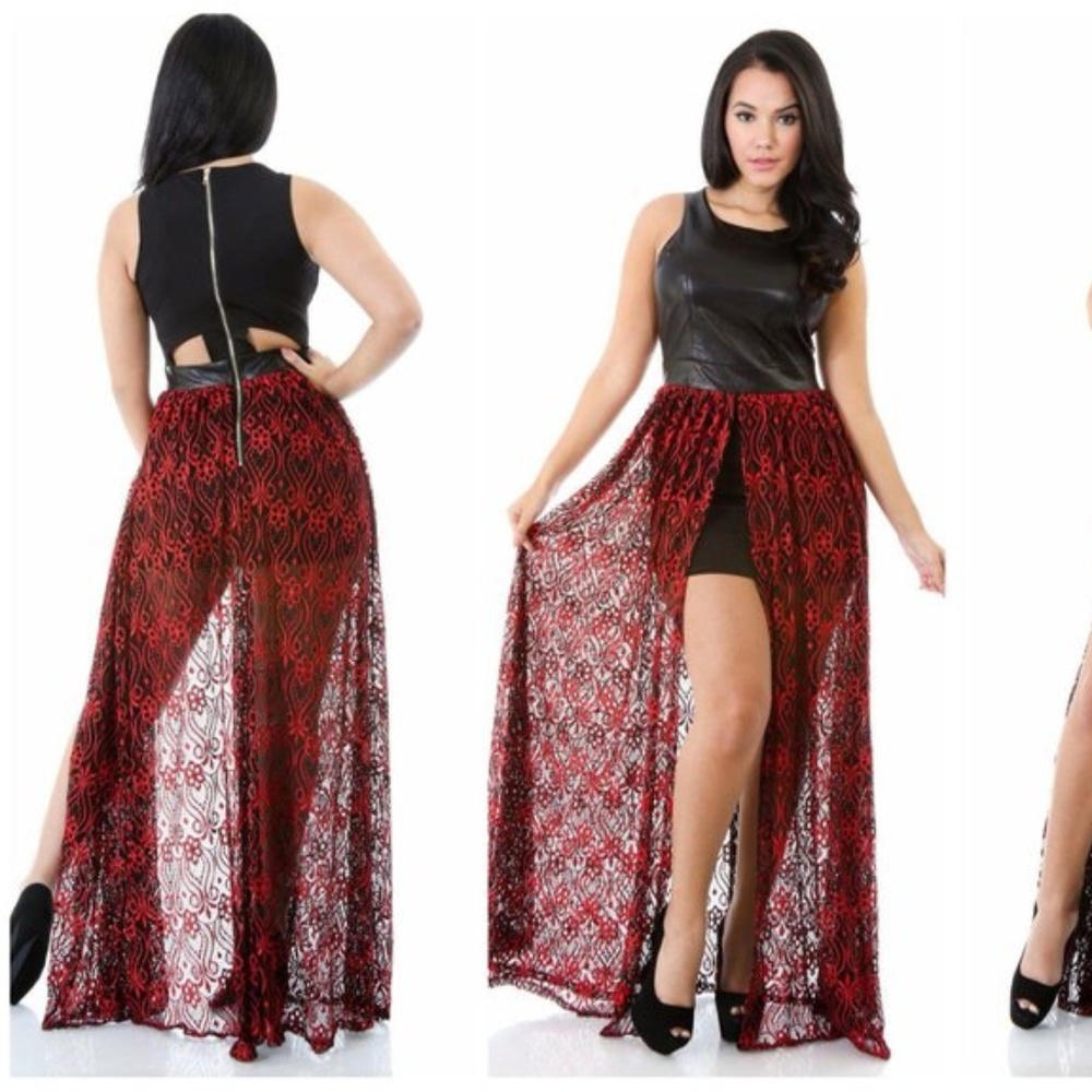 SLEEVELESS LEATHER TOP LACE DRESS
